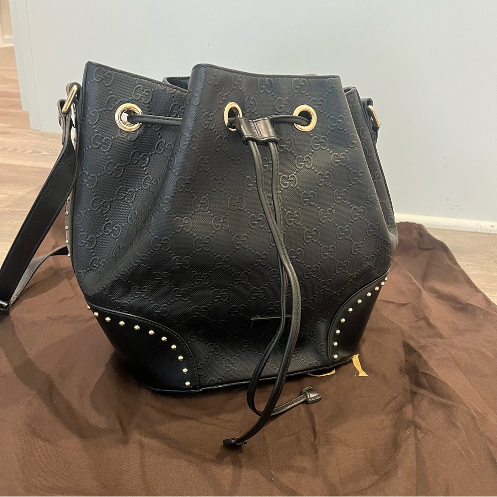 Gucci Black Backpack with silver  Hardware and Drawstring Closure with wallet